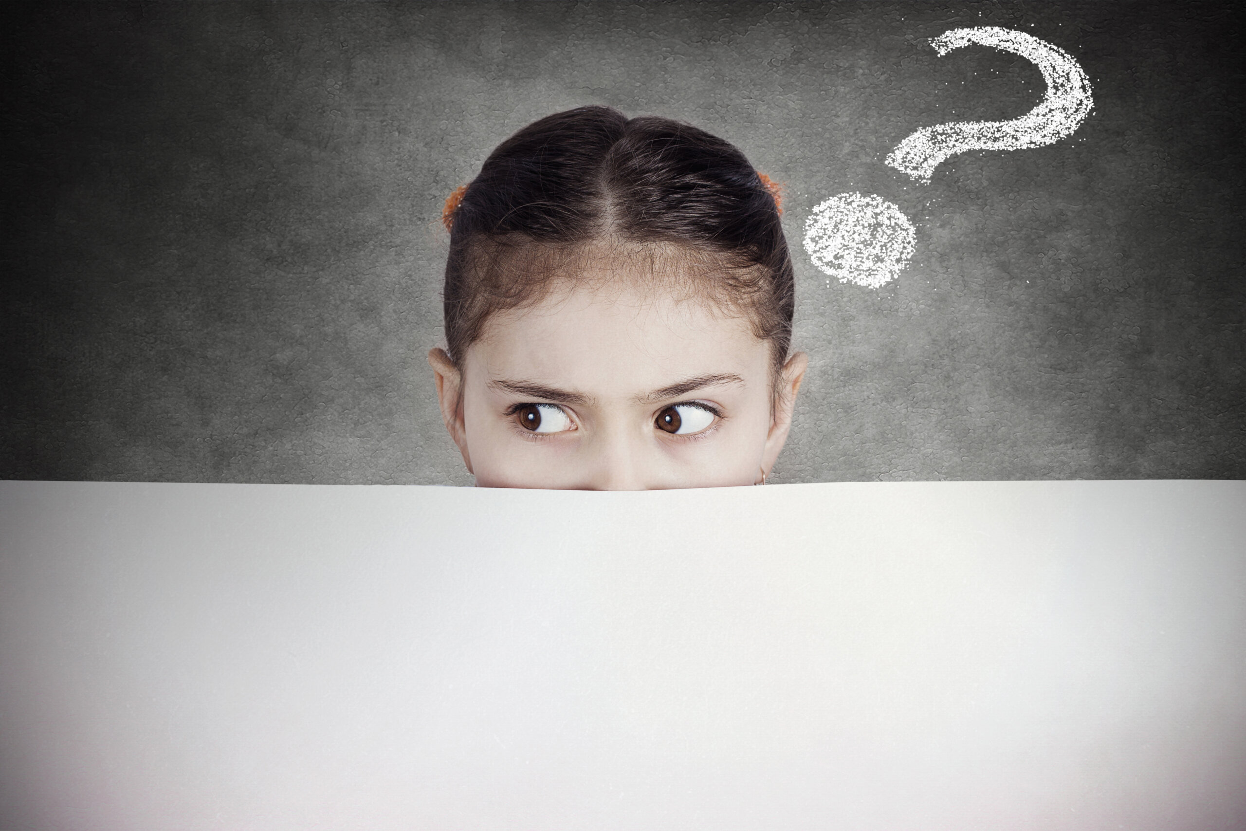 I have question! Portrait curious suspicious young girl student.